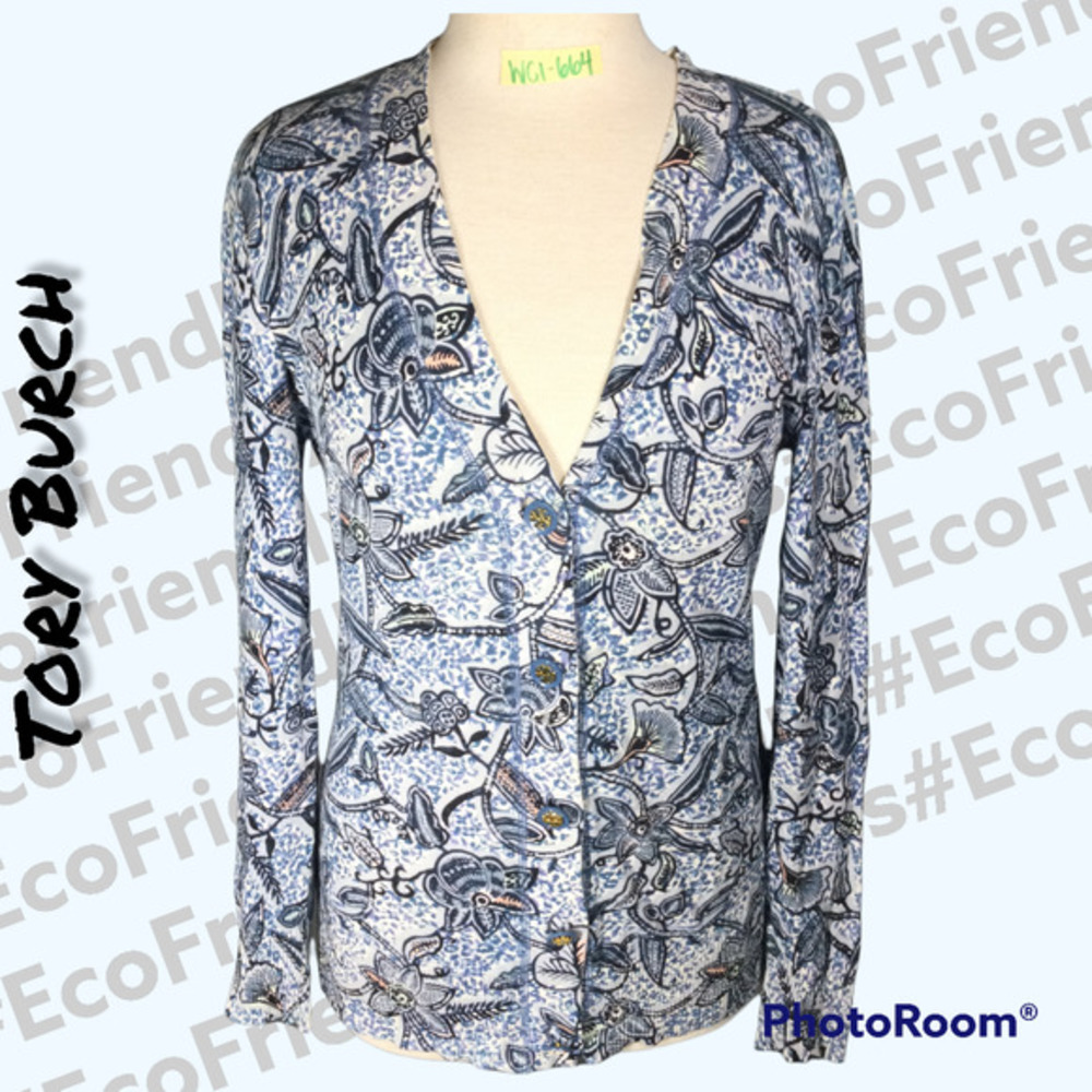 Tory Burch Women's Blue Floral Orchid Button Front V Neck Casual Sweater Sz S/P